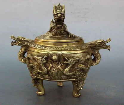 Vintage Brass Chinese Dragon Statue Incense Burner / Censer