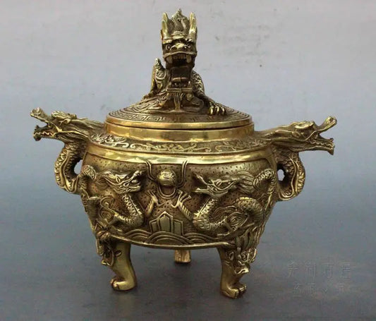 Vintage Brass Chinese Dragon Statue Incense Burner / Censer