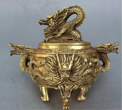 Vintage Brass Chinese Dragon Statue Incense Burner / Censer