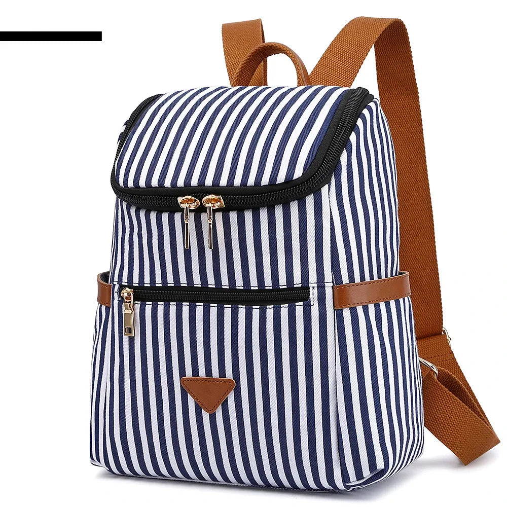 Vintage Canvas Stripe Women Backpack Fashion Travel Bag College Students Girl Schoolbag Daily Life Mommy Bags