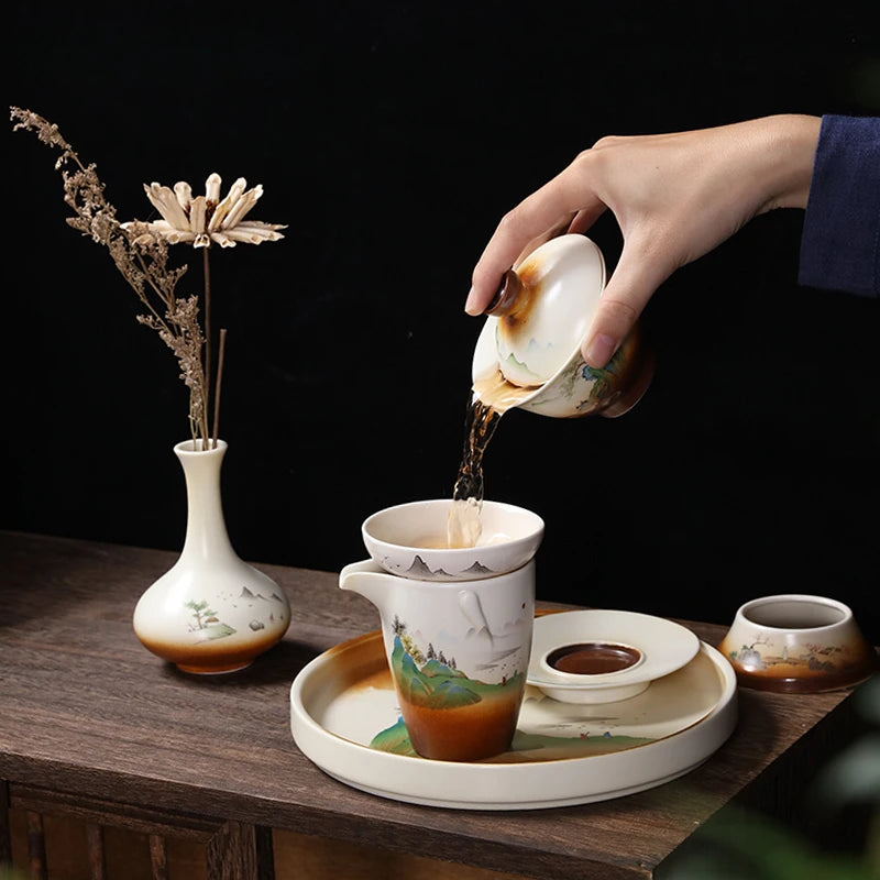 Vintage Ceramic Tea Tureen Hand Painted Landscape Gaiwan Home Pottery Tea Cup Chinese Teas Set Accessories Table Supplies