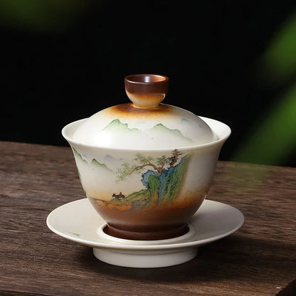 Vintage Ceramic Tea Tureen Hand Painted Landscape Gaiwan Home Pottery Tea Cup Chinese Teas Set Accessories Table Supplies