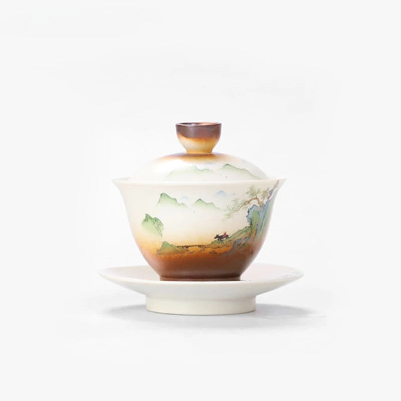 Vintage Ceramic Tea Tureen Hand Painted Landscape Gaiwan Home Pottery Tea Cup Chinese Teas Set Accessories Table Supplies