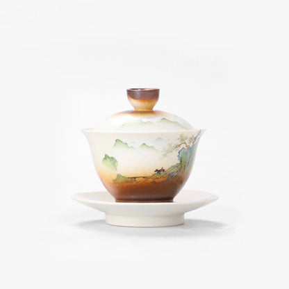 Vintage Ceramic Tea Tureen Hand Painted Landscape Gaiwan Home Pottery Tea Cup Chinese Teas Set Accessories Table Supplies