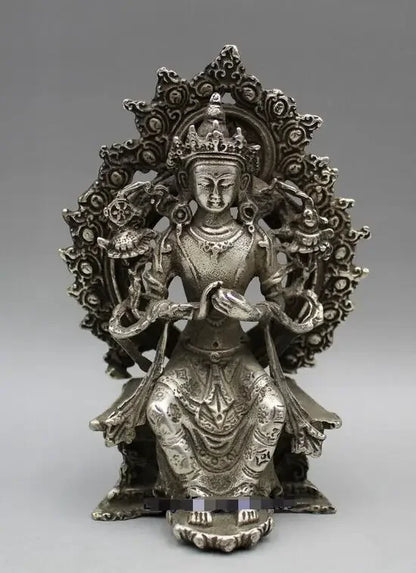 Vintage Chinese old Tibet silver hand-carved Guanyin Tara Buddha statue