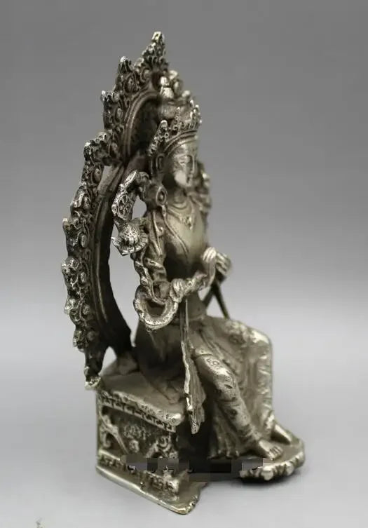 Vintage Chinese old Tibet silver hand-carved Guanyin Tara Buddha statue