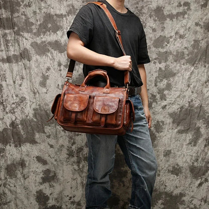 Vintage Crazy Horse Genuine Leather Man Handbag Briefcase Large Capacity Men Shoulder Casual Business Messenger Bag