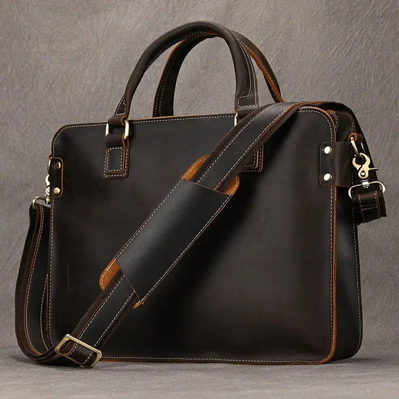 Vintage Crazy Horse Leather Men's Briefcase Business Handbag Large Capacity Male Shoulder Messenger Fashion 14 "Laptop Bag B