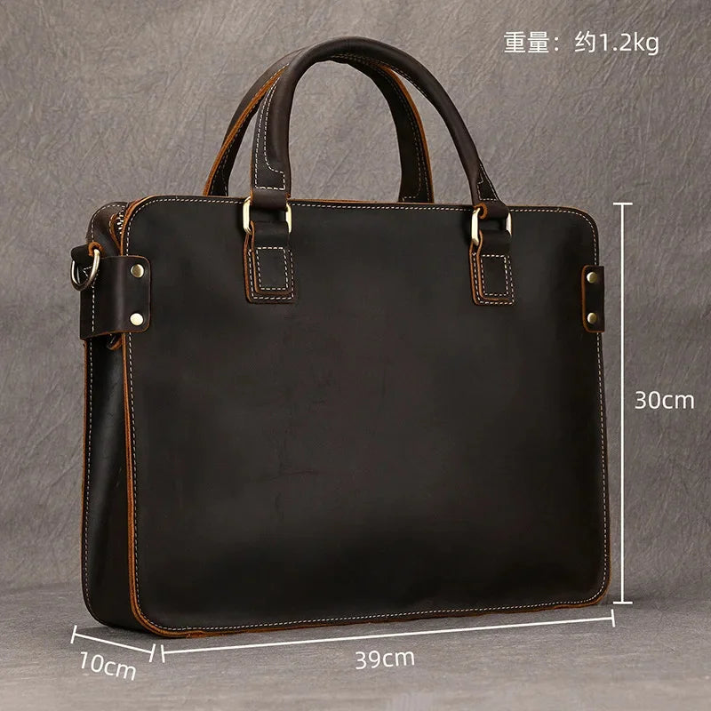 Vintage Crazy Horse Leather Men's Briefcase Business Handbag Large Capacity Male Shoulder Messenger Fashion 14 "Laptop Bag B