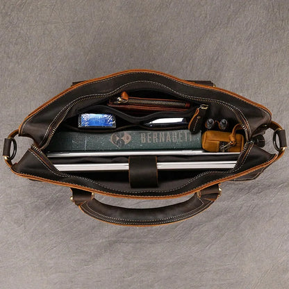 Vintage Crazy Horse Leather Men's Briefcase Business Handbag Large Capacity Male Shoulder Messenger Fashion 14 "Laptop Bag B