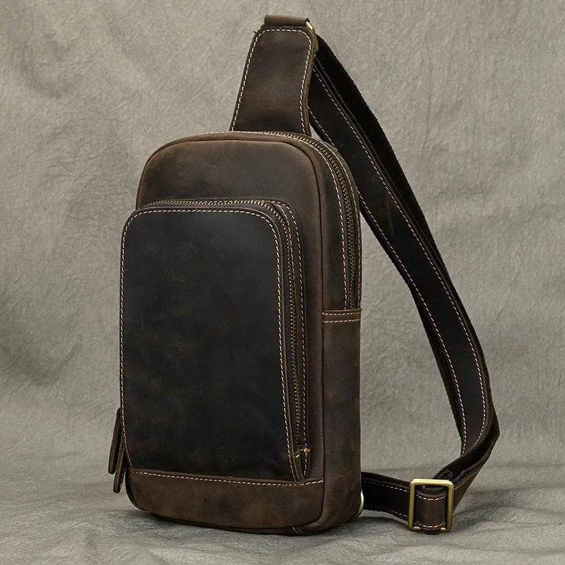 Vintage Crazy Horse Men's Chest Genuine Leather Male Shoulder Crossbody Large Capacity Sling Bag