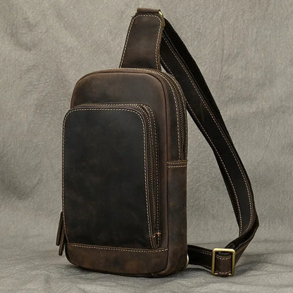 Vintage Crazy Horse Men's Chest Genuine Leather Male Shoulder Crossbody Large Capacity Sling Bag