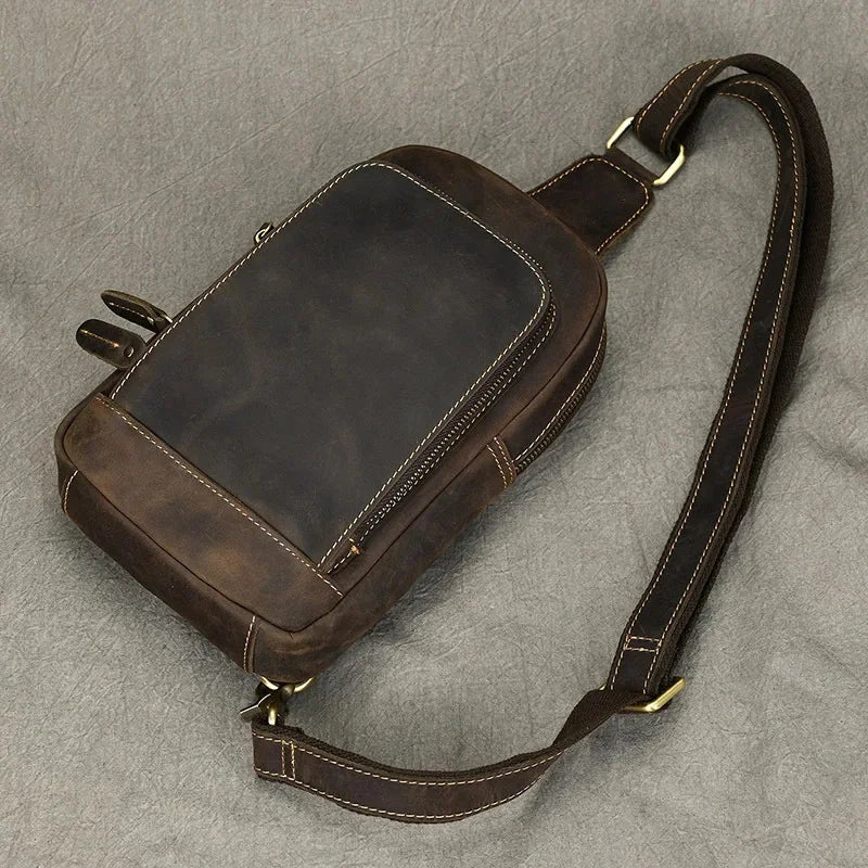 Vintage Crazy Horse Men's Chest Genuine Leather Male Shoulder Crossbody Large Capacity Sling Bag