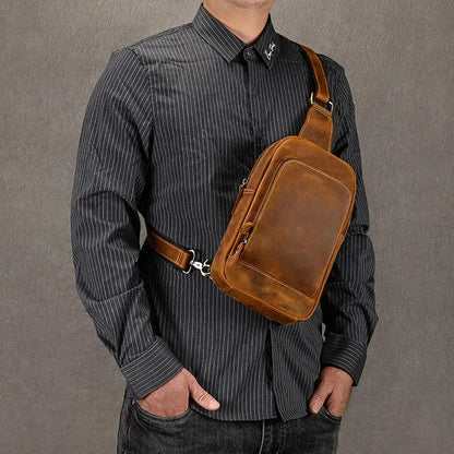 Vintage Crazy Horse Men's Chest Genuine Leather Male Shoulder Crossbody Large Capacity Sling Bag