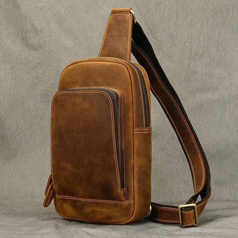 Vintage Crazy Horse Men's Chest Genuine Leather Male Shoulder Crossbody Large Capacity Sling Bag