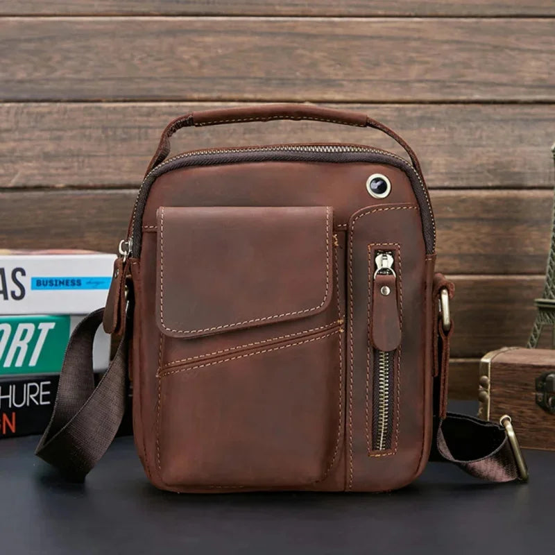 Vintage Crazy Horse Men's Crossbody s Genuine Leather Male Shoulder Messenger Business Small Hand Tote Bag