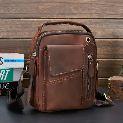Vintage Crazy Horse Men's Crossbody s Genuine Leather Male Shoulder Messenger Business Small Hand Tote Bag