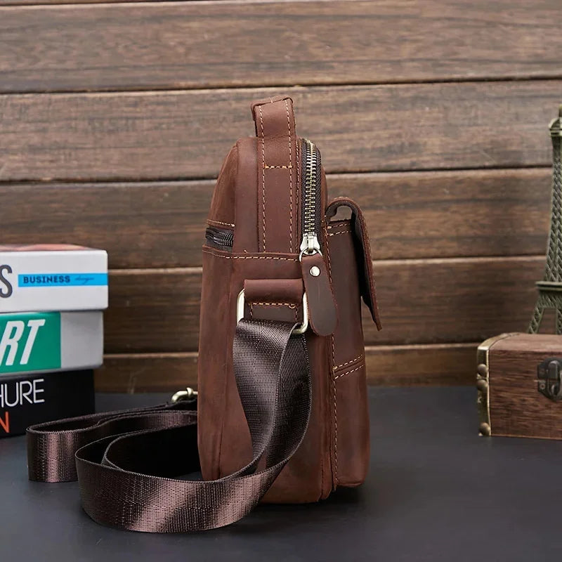 Vintage Crazy Horse Men's Crossbody s Genuine Leather Male Shoulder Messenger Business Small Hand Tote Bag