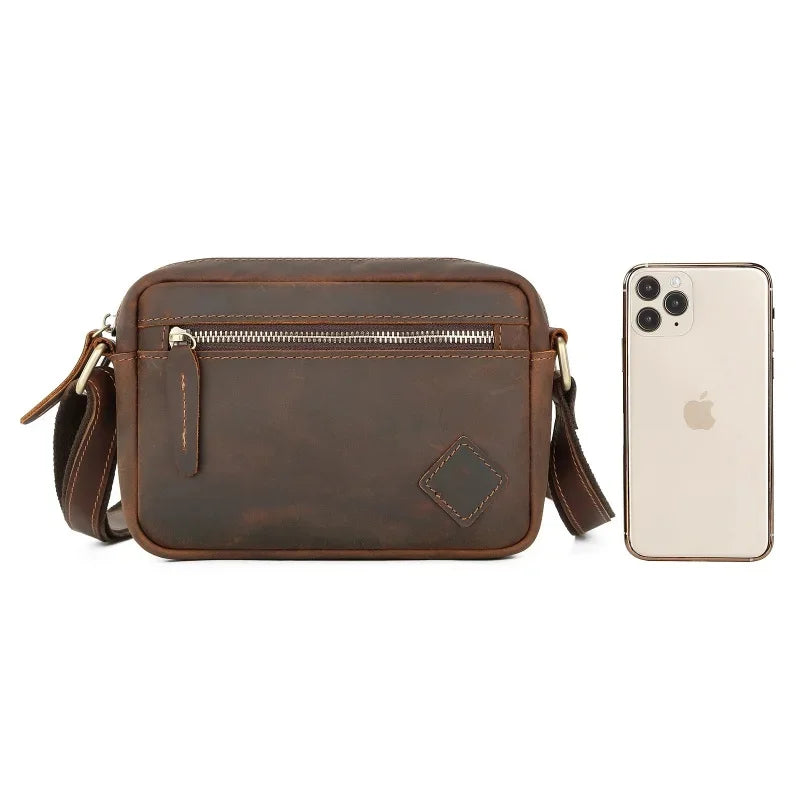 Vintage Crazy Horse Men's Shoulder Genuine Leather Casual Male Messenger Fashion Crossbody Bag