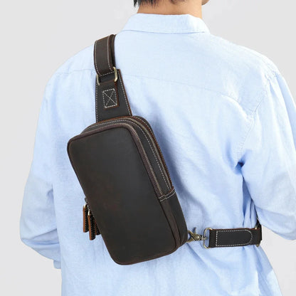 Vintage Crazy Mad Horse Cowhide Chest Multi-function Men's Shoulder / Crossbody Bags for Men