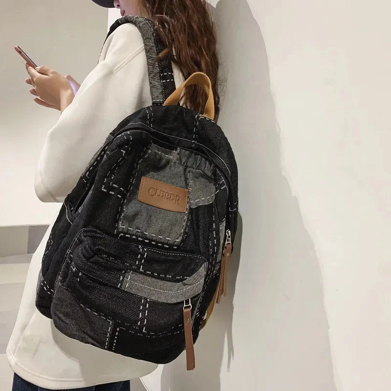 Vintage Denim Women's Large Capacity School Bag For Girls Fashion Casual Female Travel Backpack