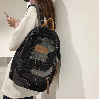 Vintage Denim Women's Large Capacity School Bag For Girls Fashion Casual Female Travel Backpack