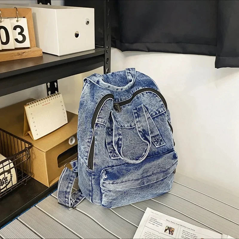 Vintage Denim Women's Large Capacity Student School Bags For Girls Casual Ladies Travel Backpack