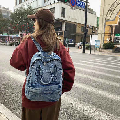 Vintage Denim Women's Large Capacity Student School Bags For Girls Casual Ladies Travel Backpack