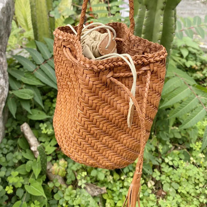 Vintage Drawstring Crossbody Shoulder Bag Large Capacity Genuine Leather Bucket Bag High Quality Handmade Weave Handbags Purses