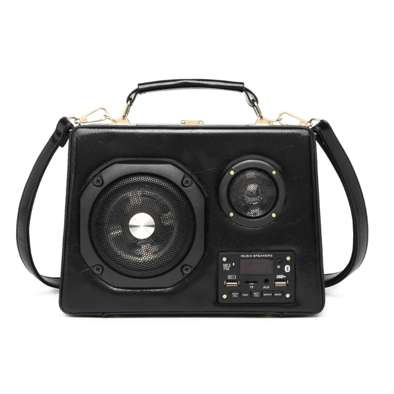 Vintage Female Shoulder Bag Radio Box Shaped Handbag with Music Player for Women