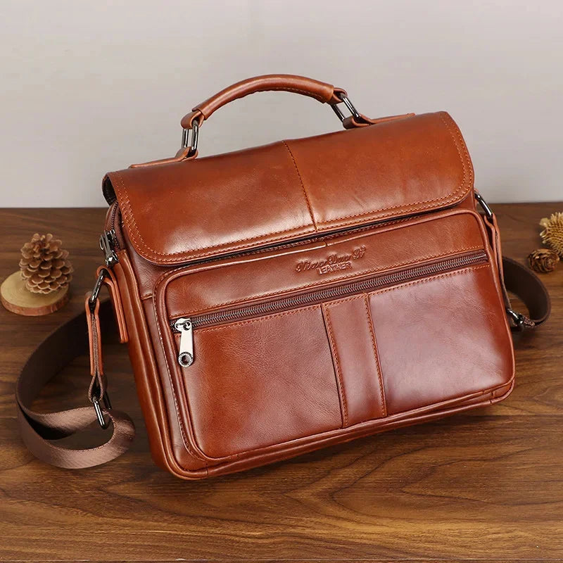 Vintage Genuine Briefcase For Men Cow Leather Male Shoulder Messenger Large Capacity Handbag Luxury Man File Bag