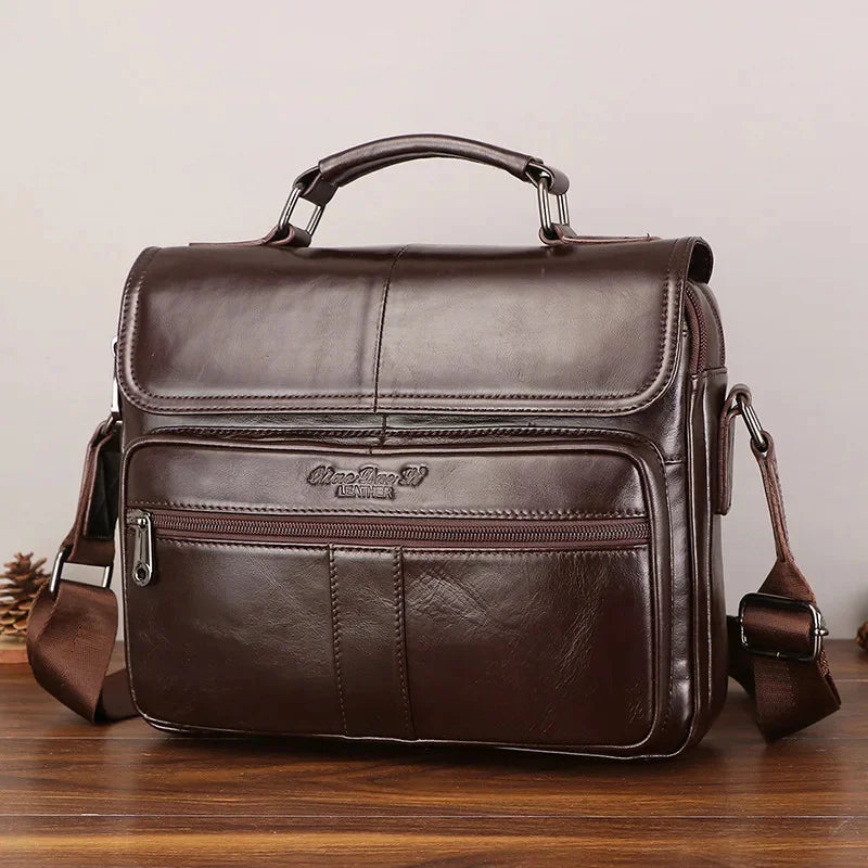 Vintage Genuine Briefcase For Men Cow Leather Male Shoulder Messenger Large Capacity Handbag Luxury Man File Bag