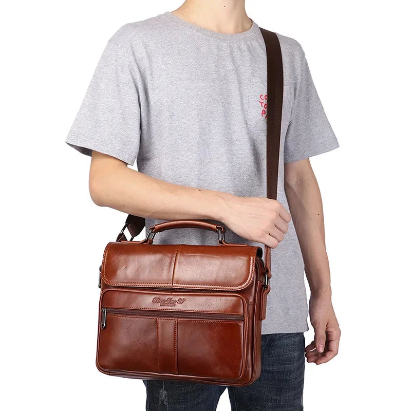 Vintage Genuine Briefcase For Men Cow Leather Male Shoulder Messenger Large Capacity Handbag Luxury Man File Bag