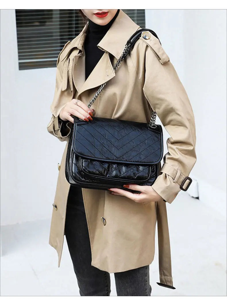 Vintage Genuine Leather Cowhide Shoulder Bags Large Capacity Chain Message Bag Fashion Casual All-match Portable Crossbody Bolsa