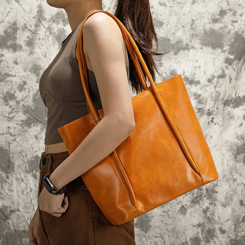Vintage Genuine Leather Fashion Ladies Purses Solid All-match Large Capacity Commuter Tote Women Shoulder Bags Trendy Bolsos