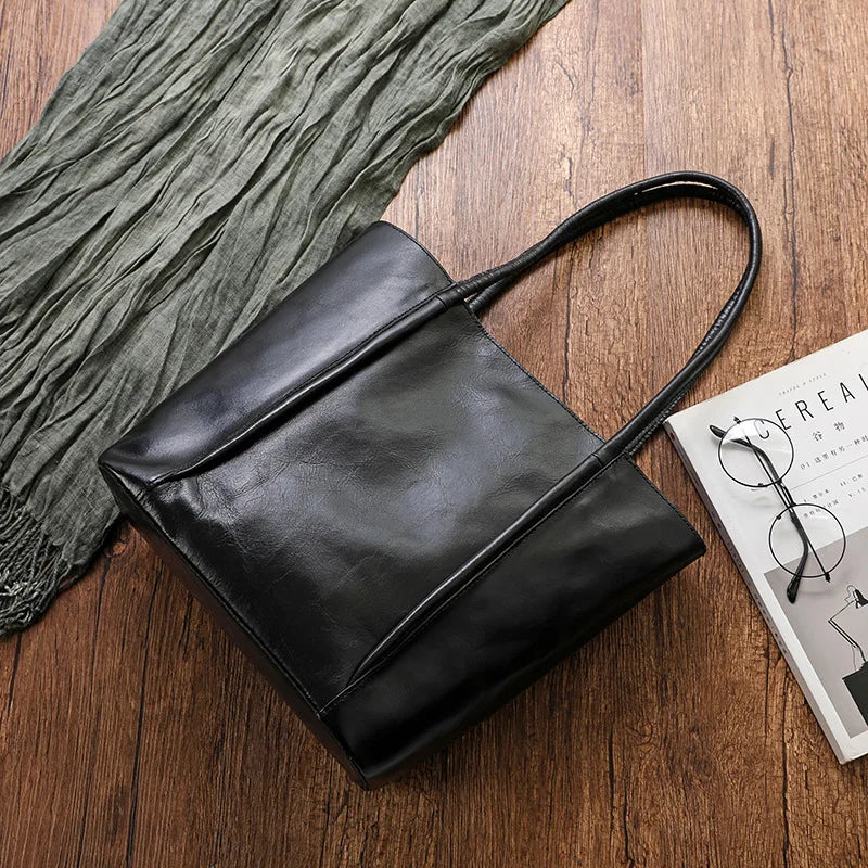 Vintage Genuine Leather Fashion Ladies Purses Solid All-match Large Capacity Commuter Tote Women Shoulder Bags Trendy Bolsos