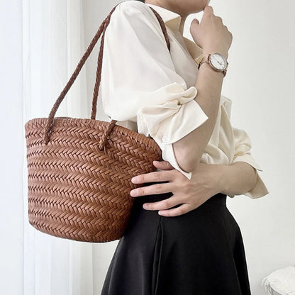 Vintage Genuine Leather Hand Bags Tote Top Quality Women Weave Basket Shopping Bags Travelling Beach Hobos Handbag