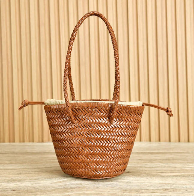 Vintage Genuine Leather Hand Bags Tote Top Quality Women Weave Basket Shopping Bags Travelling Beach Hobos Handbag