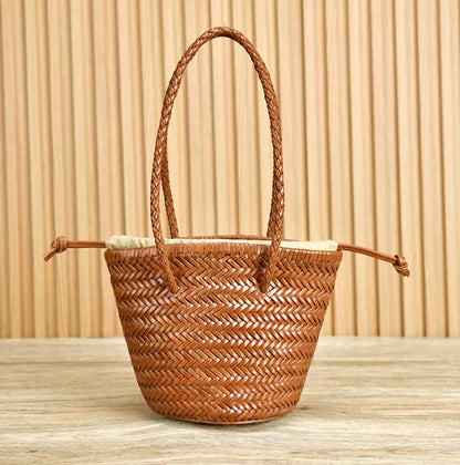 Vintage Genuine Leather Hand Bags Tote Top Quality Women Weave Basket Shopping Bags Travelling Beach Hobos Handbag