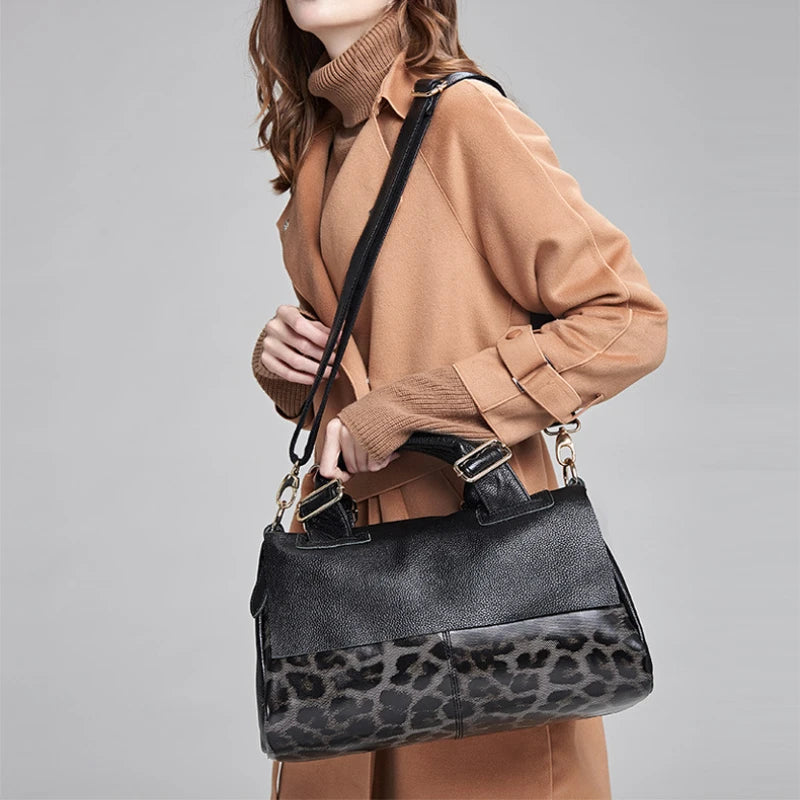 Vintage Genuine Leather Large Capacity Bags Feo Women 2024 New Fashion Leopard Print Patchwork Handbags Soft Commuter Purses