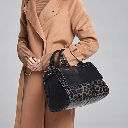 Vintage Genuine Leather Large Capacity Bags Feo Women 2024 New Fashion Leopard Print Patchwork Handbags Soft Commuter Purses