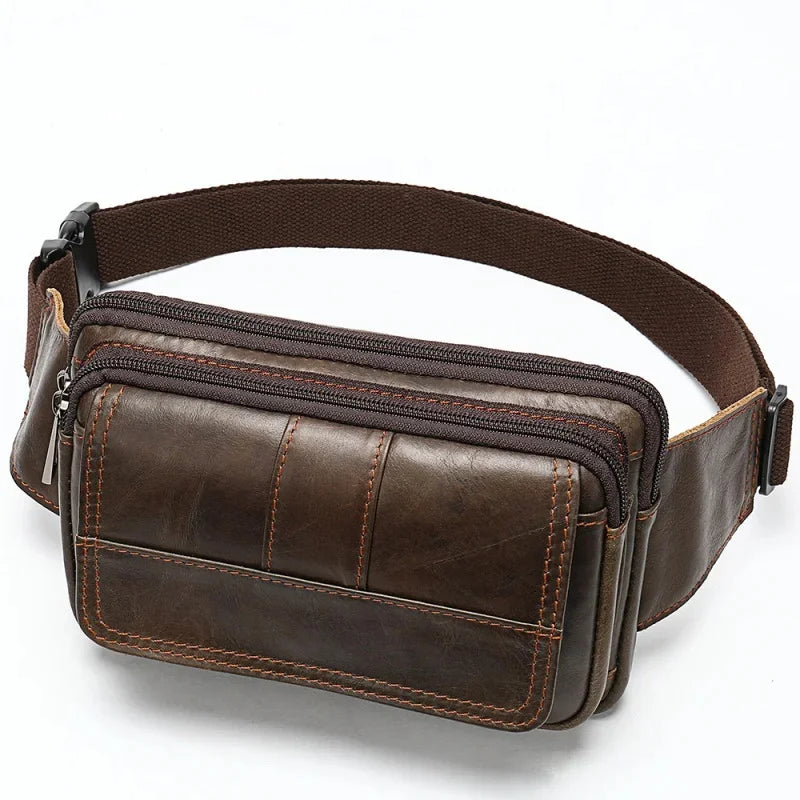 Vintage Genuine Leather Men Cowhide Chest Fanny Pack Business Male Shoulder Crossbody Casual Waist Bag