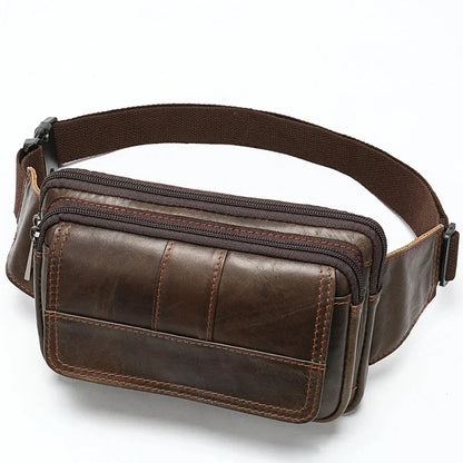 Vintage Genuine Leather Men Cowhide Chest Fanny Pack Business Male Shoulder Crossbody Casual Waist Bag