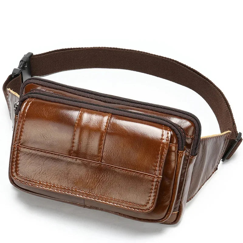 Vintage Genuine Leather Men Cowhide Chest Fanny Pack Business Male Shoulder Crossbody Casual Waist Bag
