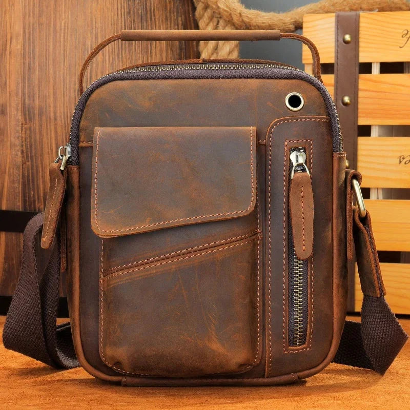 Vintage Genuine Leather Men Crossbody Luxury Small Shoulder Messenger Casual Man Square Mobile Phone Bag