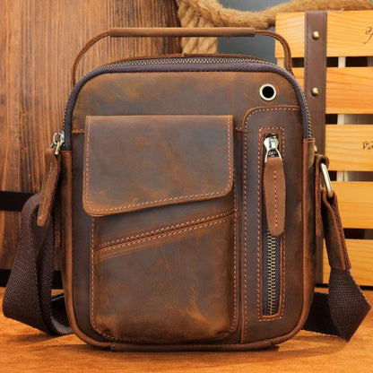 Vintage Genuine Leather Men Crossbody Luxury Small Shoulder Messenger Casual Man Square Mobile Phone Bag