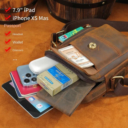 Vintage Genuine Leather Men Crossbody Luxury Small Shoulder Messenger Casual Man Square Mobile Phone Bag