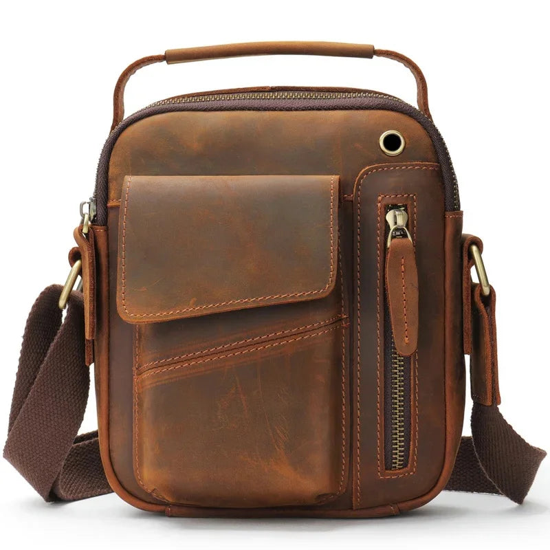 Vintage Genuine Leather Men Crossbody Luxury Small Shoulder Messenger Casual Man Square Mobile Phone Bag