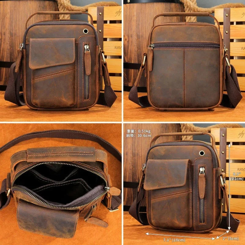 Vintage Genuine Leather Men Crossbody Luxury Small Shoulder Messenger Casual Man Square Mobile Phone Bag