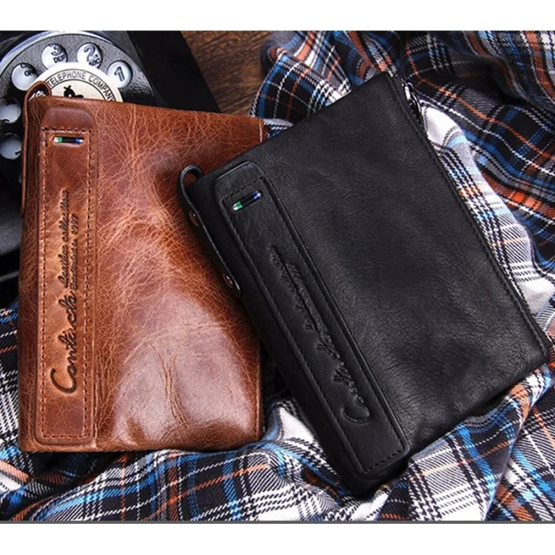 Vintage Genuine Leather Men Women Short Bifold Coin Purse Large Capacity Card Holders Male Double Zipper Money Wallet